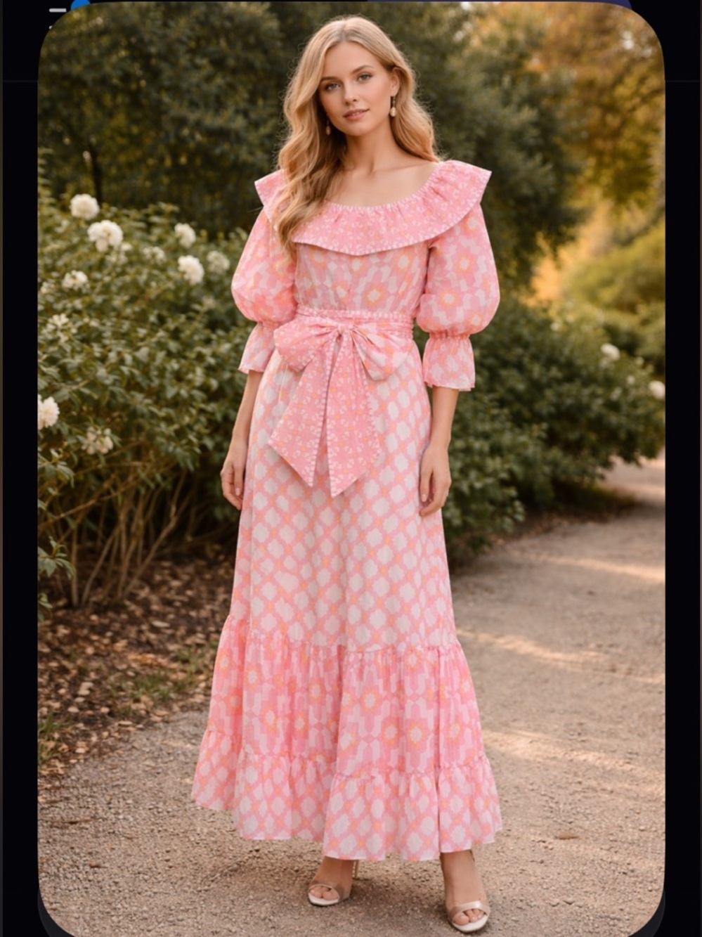 Rare Sue sartor maxi ruffle bow boho print pink dress resort party $500 spring